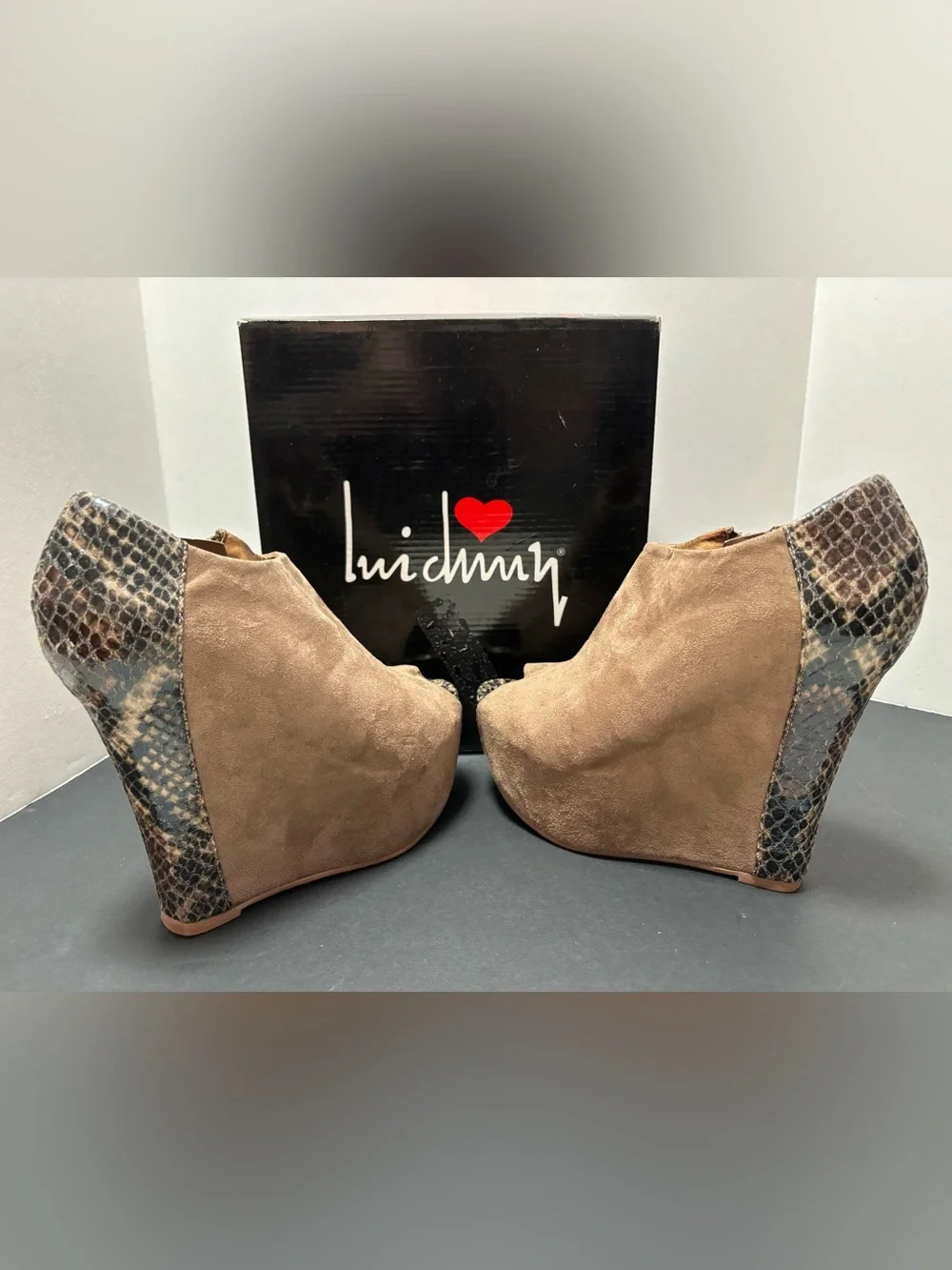 Luichiny Taupe Suede Python Print Peep Toe Platform Wedge Booties Size 8